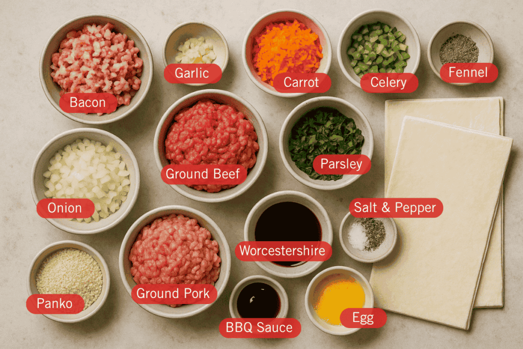 Flatlay of labeled ingredients for sausage rolls, including minced bacon, ground beef, ground pork, chopped onion, garlic, shredded carrot, chopped celery, chopped parsley, ground fennel, salt and pepper, panko breadcrumbs, Worcestershire sauce, barbecue sauce, beaten egg, and puff pastry sheets.