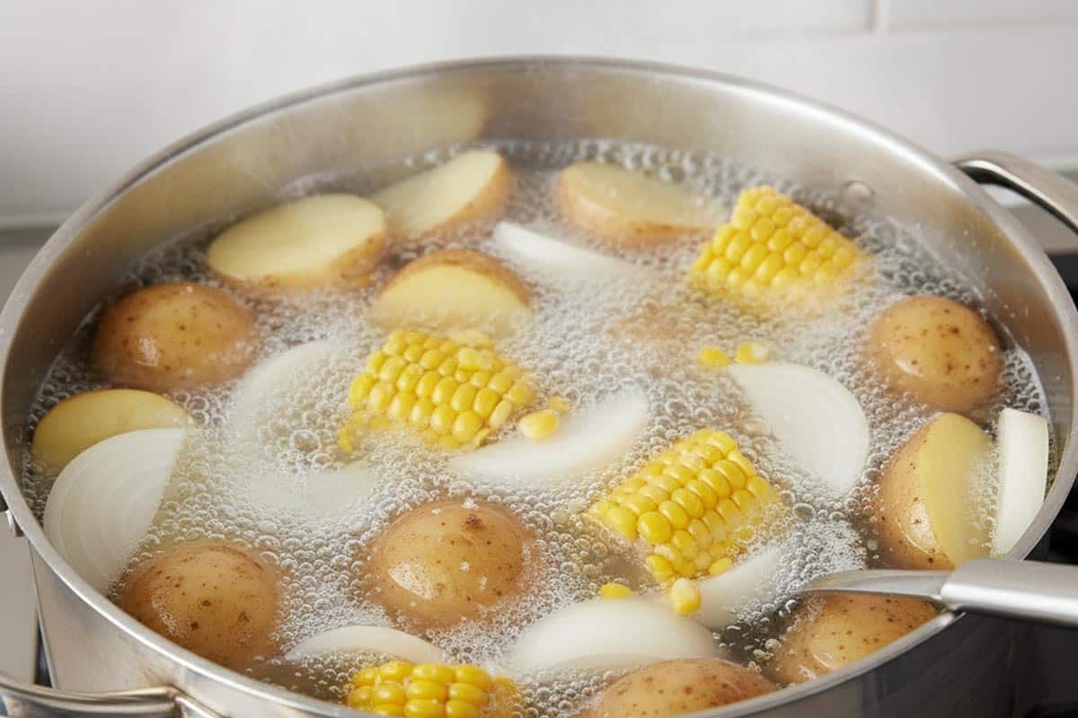 Potatoes, onions, and corn in a pot with boiling water.