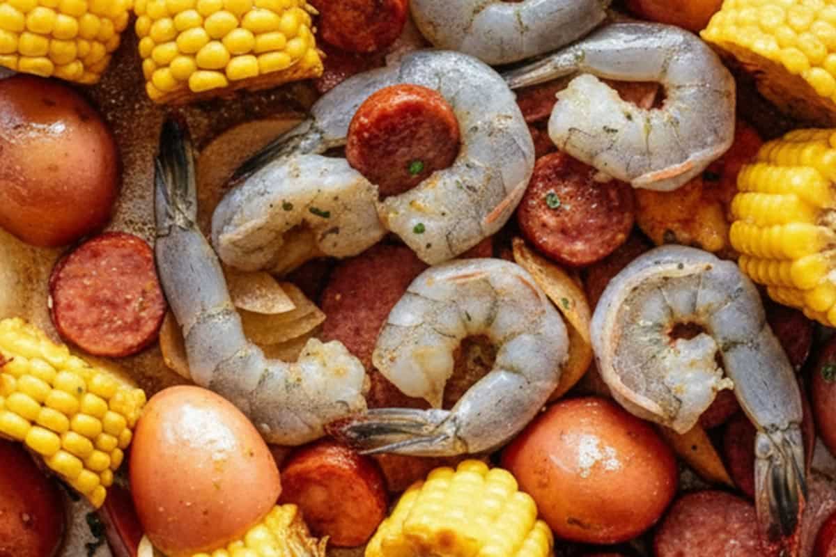 Vegetables, shrimp, and sliced andouille sausage arranged in a baking sheet.
