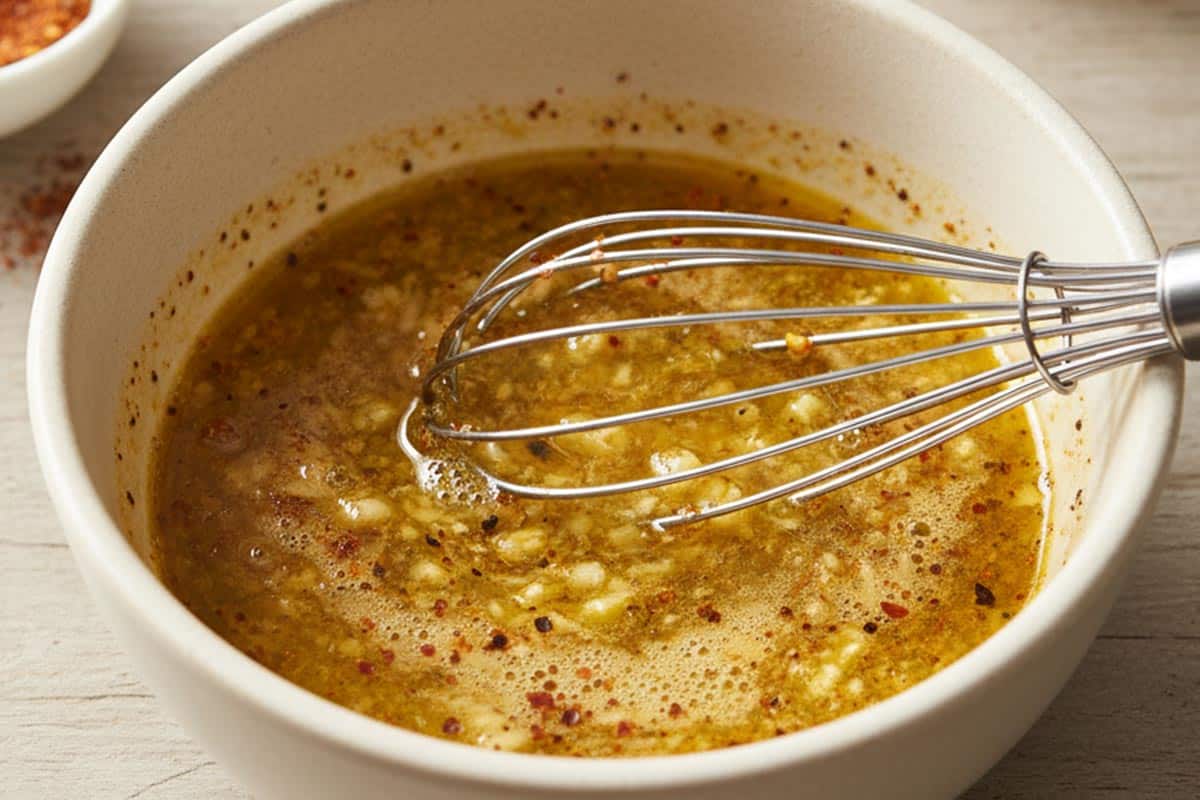 Melted butter, olive oil, garlic, and Old Bay seasoning whisked together in a bowl.