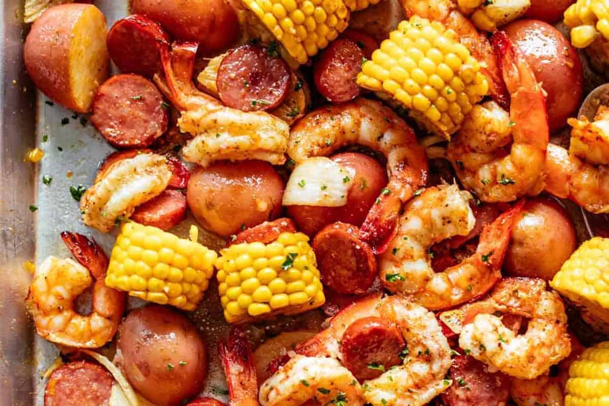 Close-up shot of Shrimp Boil.