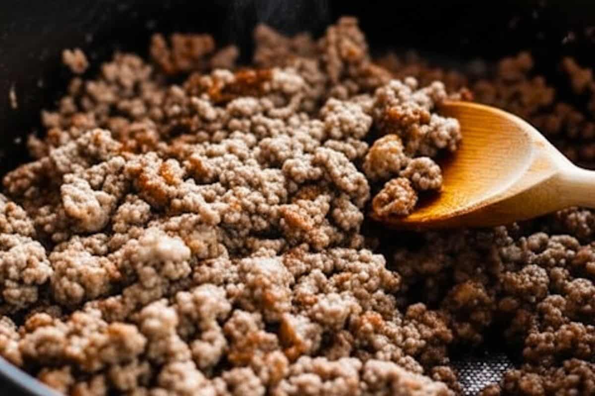 In the same pot, fry the ground beef and sausage and after frying transfer the meat mixture to the slow cooker