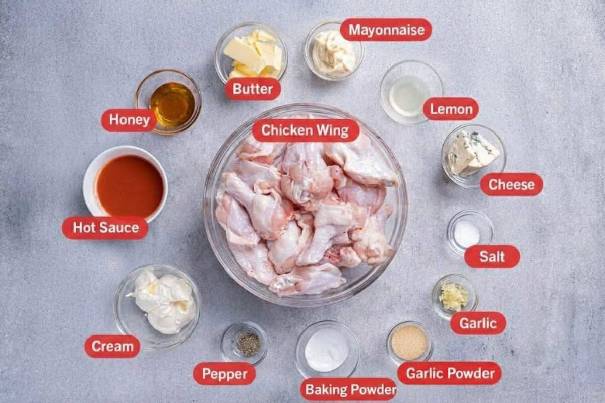 Image of all the ingredients needed for the preparation of this recipe, specifically:  Chicken wings, butter, mayonnaise, lemon, cheese, salt, garlic, garlic powder, baking soda, pepper, cream, hot sauce, honey. - 2