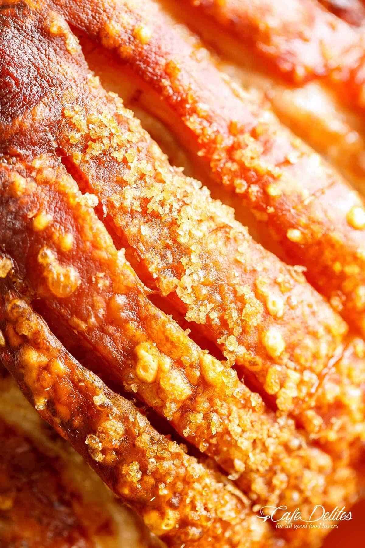 Close-up image of deliciously crispy crackling just taken out from the oven.
