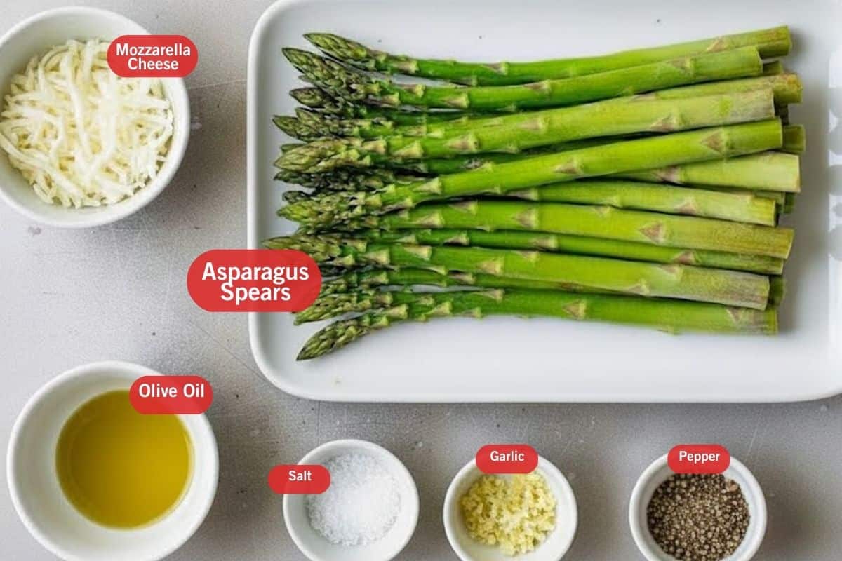 Flat lay photo of ingredient shot, of asparagus spears, mozzarella cheese, olive oil, salt, garlic and pepper