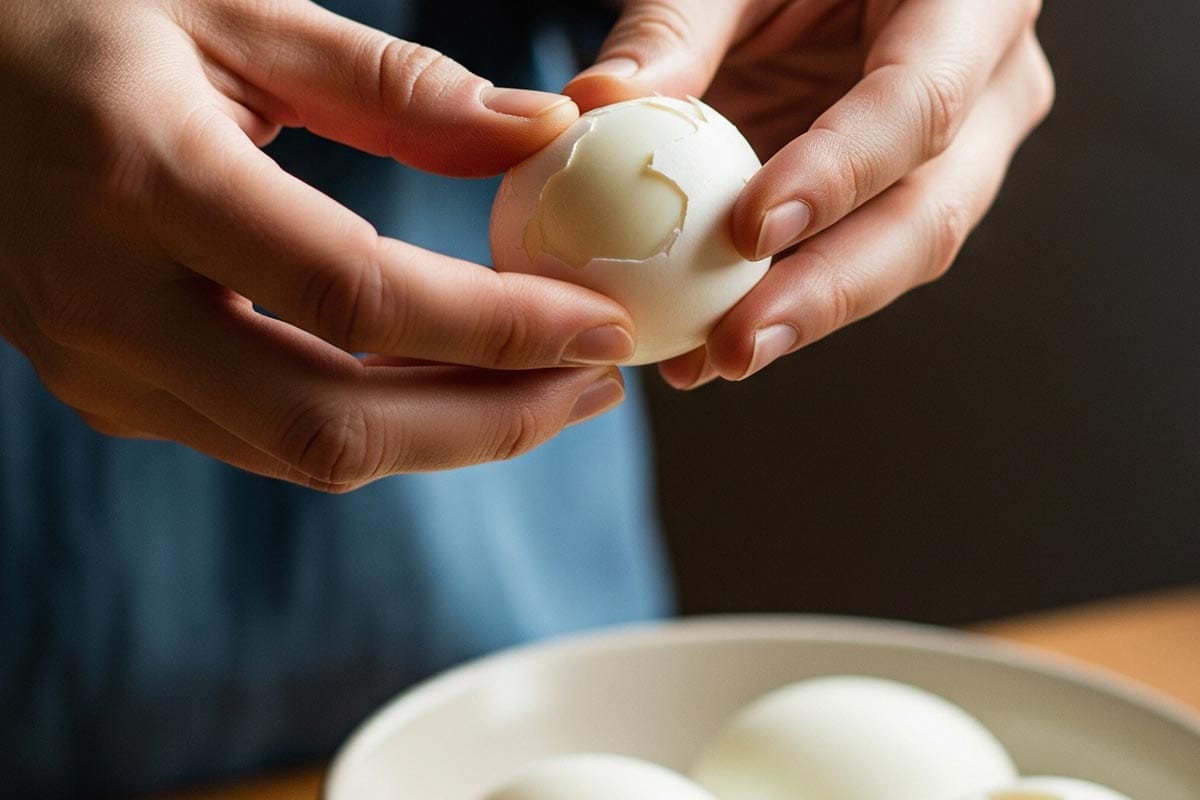 Peeling egg.