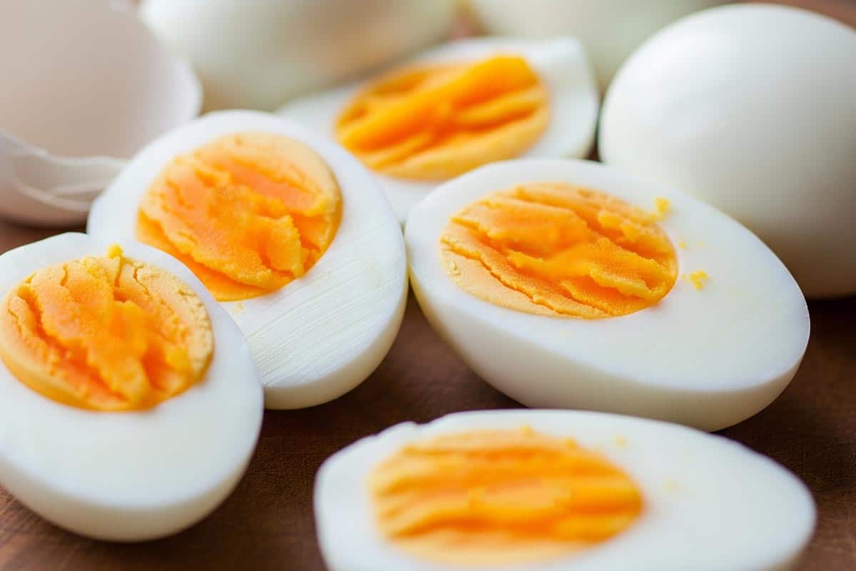 Eggs sliced in half lengthwise.