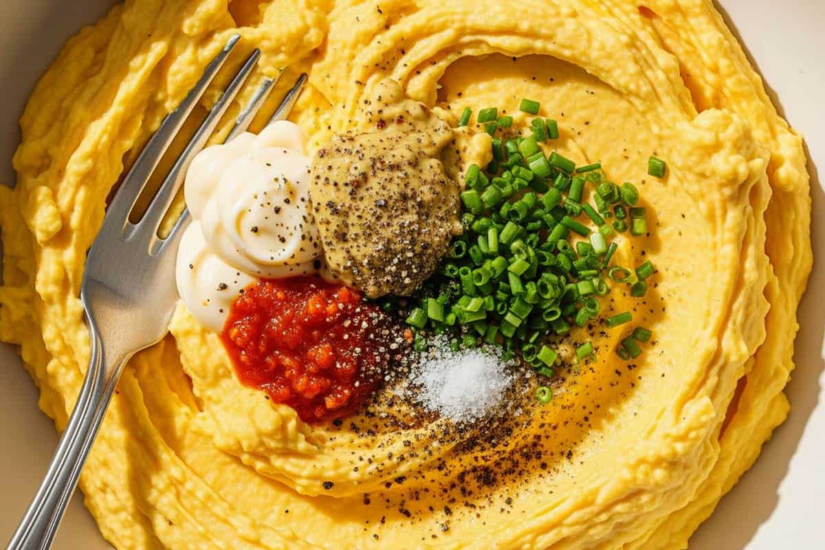 Mashed yolks with mayonnaise, Dijon mustard, Tabasco, salt, pepper, and chives.