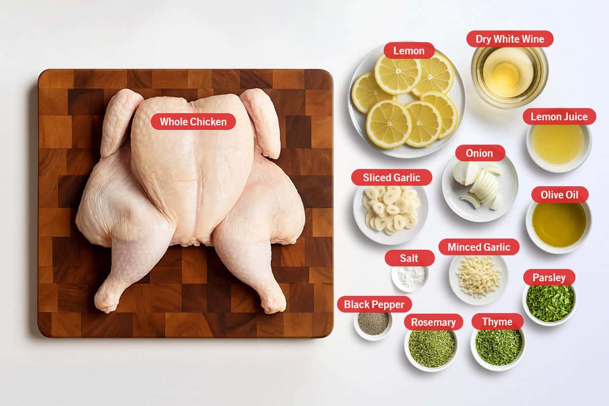 Top shot of the ingredients: whole chicken, lemon, dry white wine, sliced garlic, minced garlic, onion, lemon juice, olive oil, salt, parsley, black pepper, rosemary, and thyme.