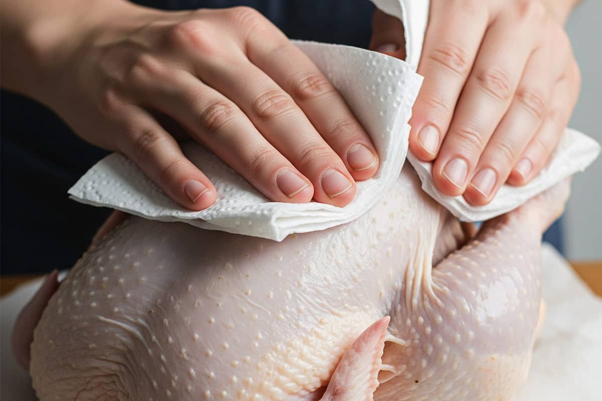 Hands with paper towel on a whole chicken.