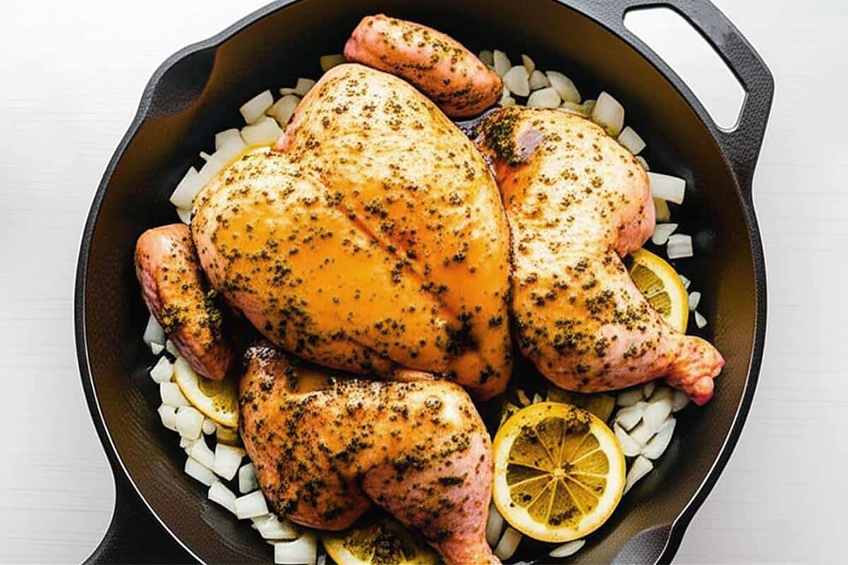 Chicken skin-side down over the lemon and onion on a large cast-iron skillet