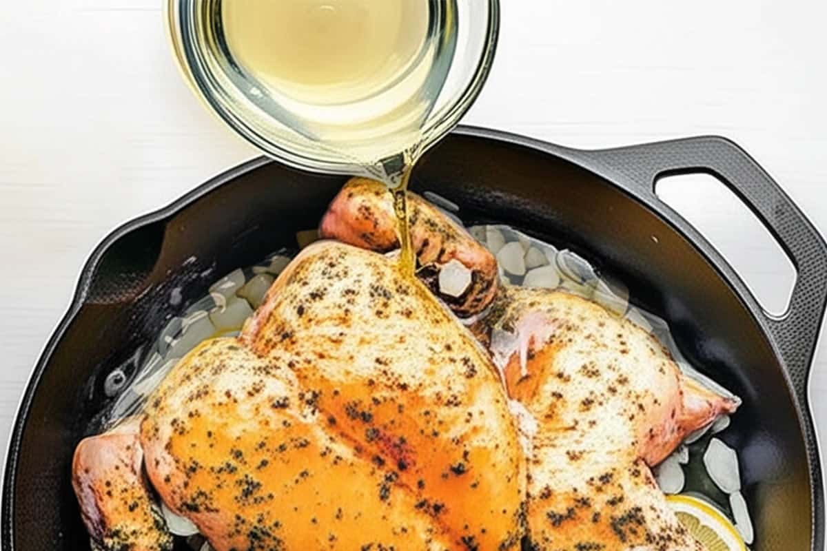 White wine poured around the chicken.