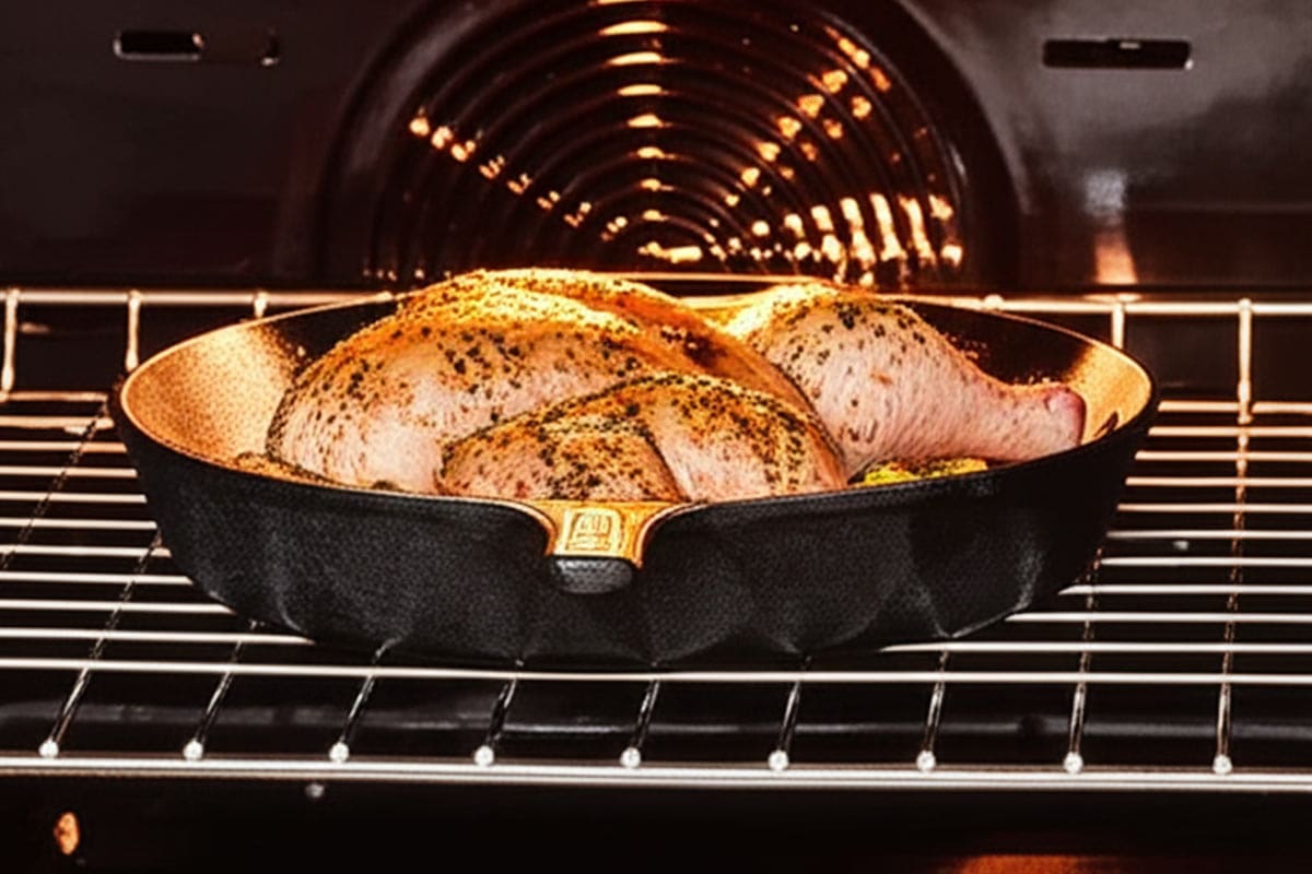 Chicken on a skillet roasted inside the oven.