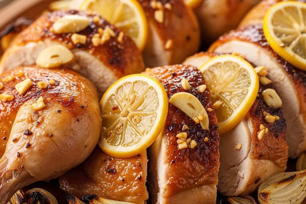 Lemon Garlic Chicken cut with lemon and garlic on top.