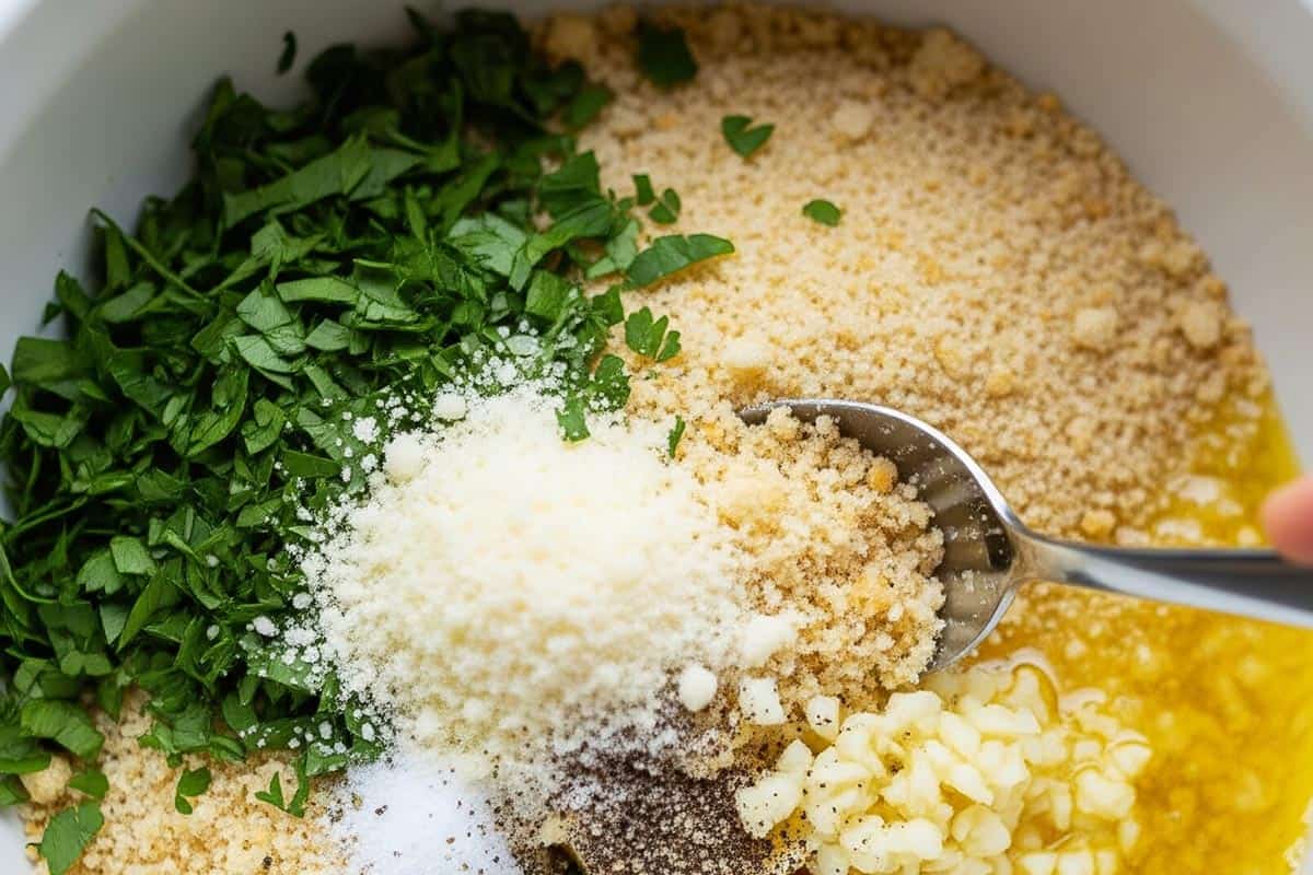 Panko, parsley, parmesan, garlic, melted butter, olive oil, salt, and pepper in a bowl.