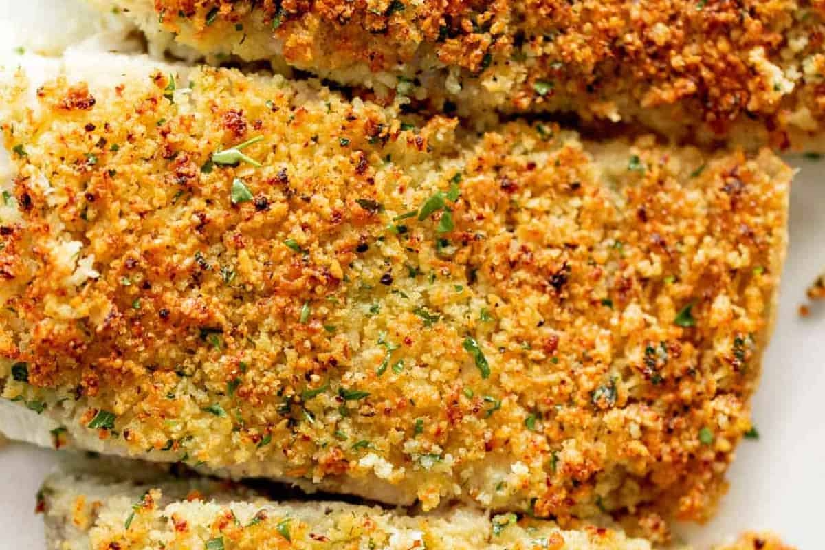 Close-up shot of Parmesan Crusted Fish.