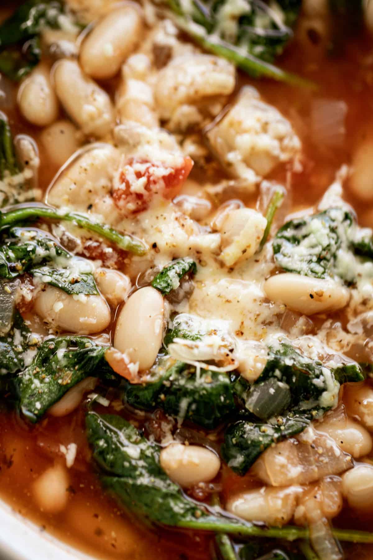 White Bean Soup in a bowl with melted parmesan cheese