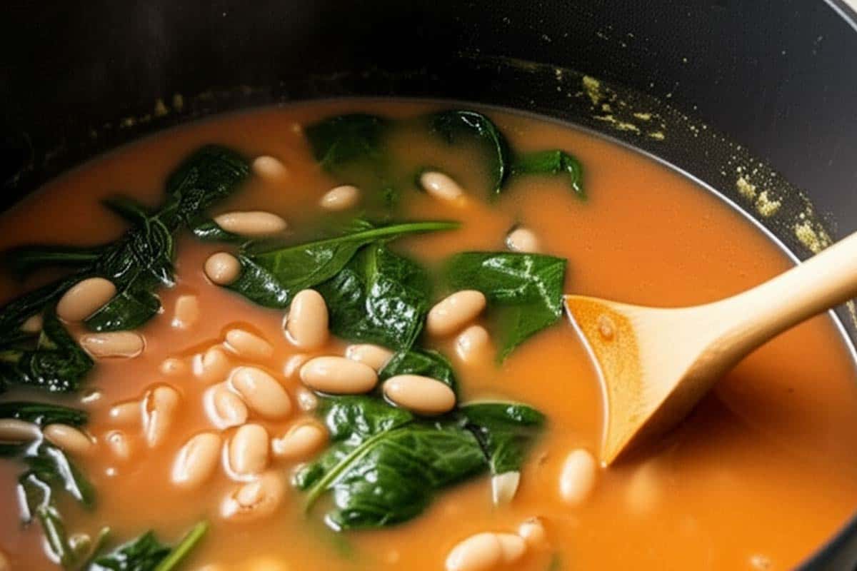 Added the cannellini beans and baby spinach into the pot.