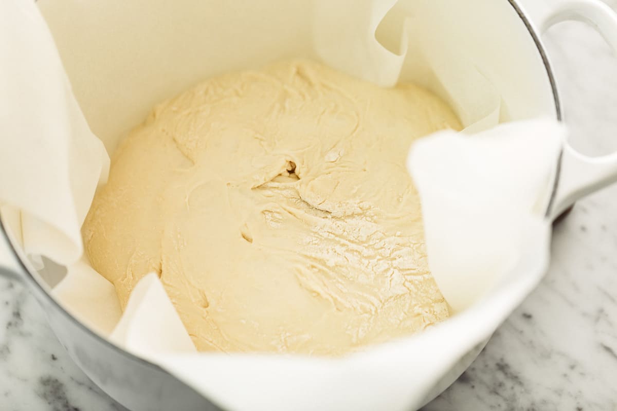 Artisan bread dough in a pot