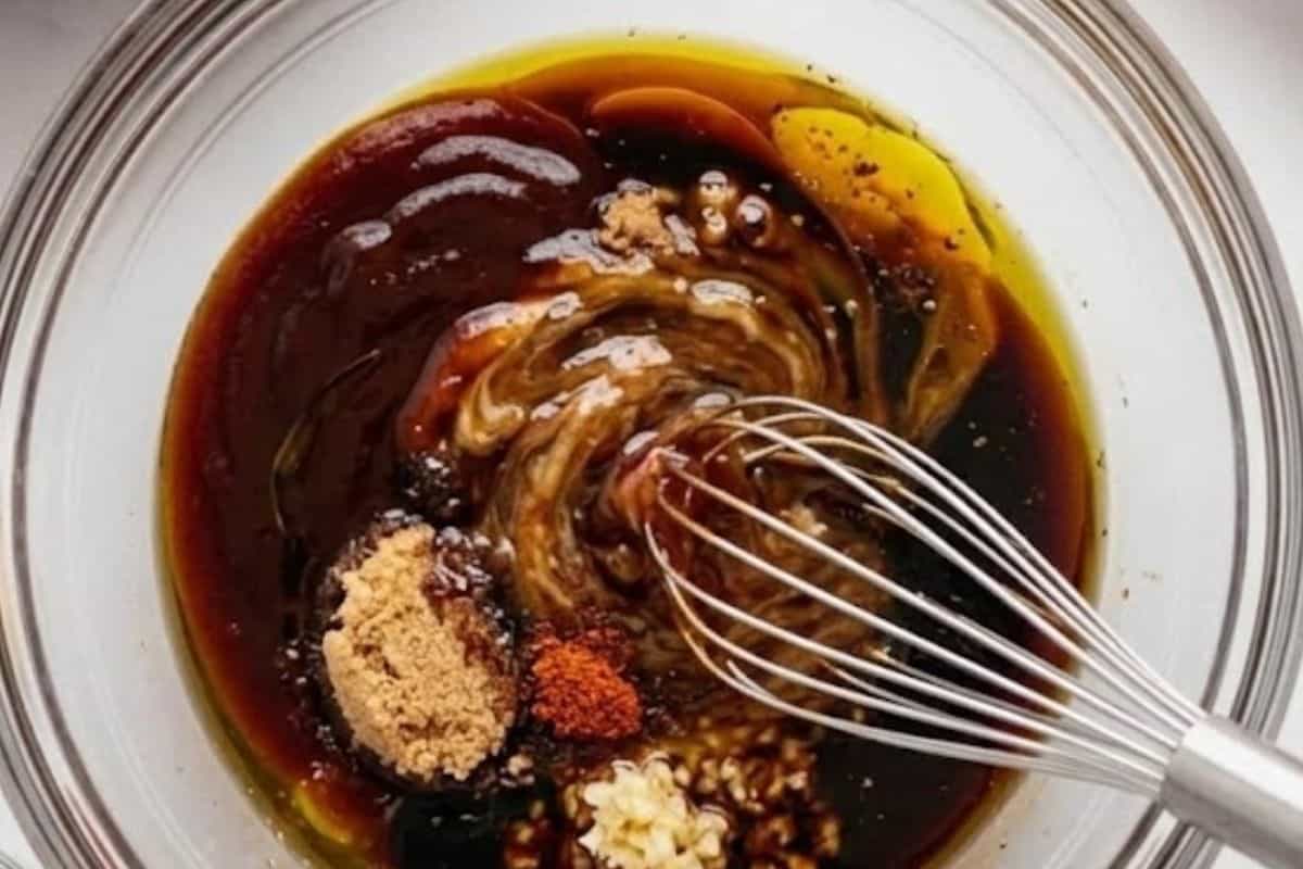 Combine bbq sauce, soy sauce, olive oil, brown sugar, balsamic vinegar, worchershire sauce, minced garlic, salt and cayenne pepper.