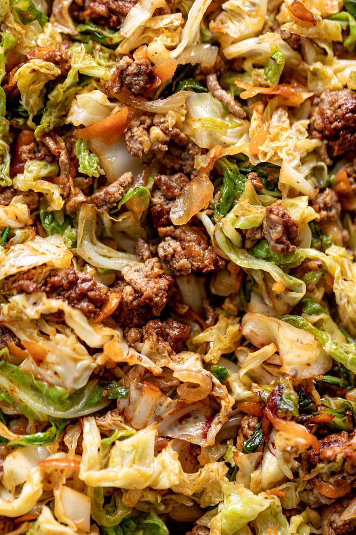 A close up of Ground Beef Cabbage Stir Fry.