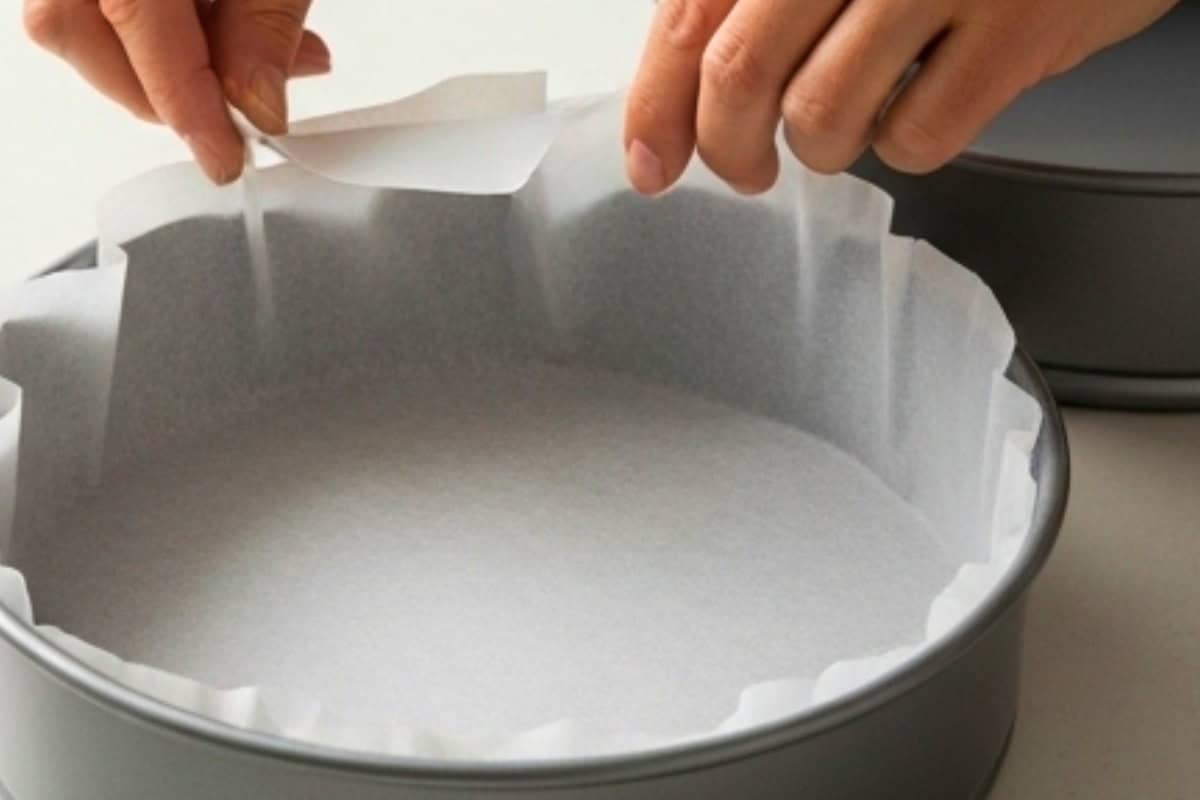 two 9-inch round cake pans are lined with parchment paper for the carrot cake