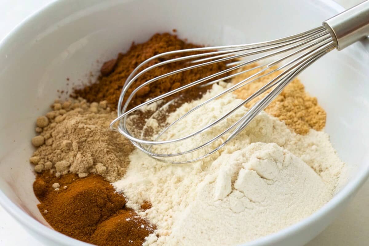 In a bowl, whisk all the dry ingredients (flour, baking powder, baking soda, salt, cinnamon, ginger and nutmeg)