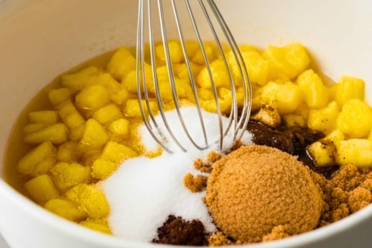 Whisk the oil, pineapple, both sugars (white and brown) and vanilla in a bowl.