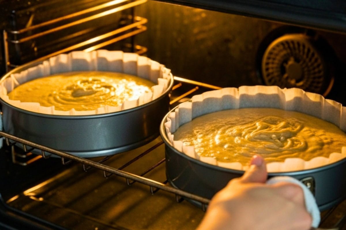 Separate the carrot cake mixture into two separate pans and bake them for 40-45 mins