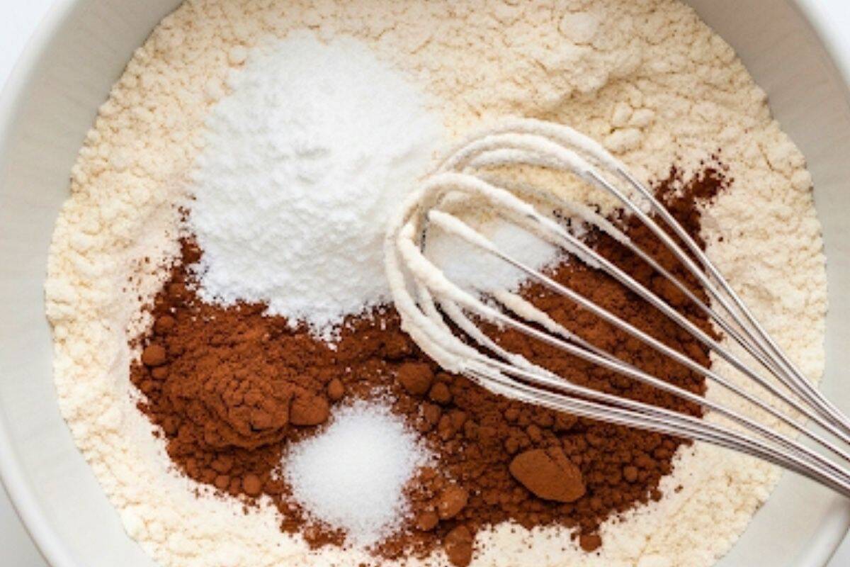 In a separate bowl, whisk together flour, baking powder, baking soda, salt, and cocoa powder.