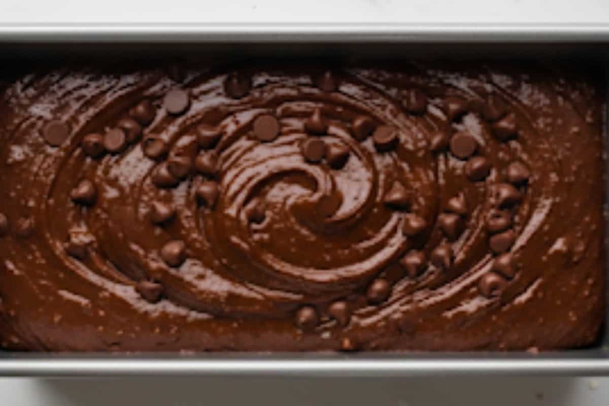 Pour batter into the pan and sprinkle chocolate chips.