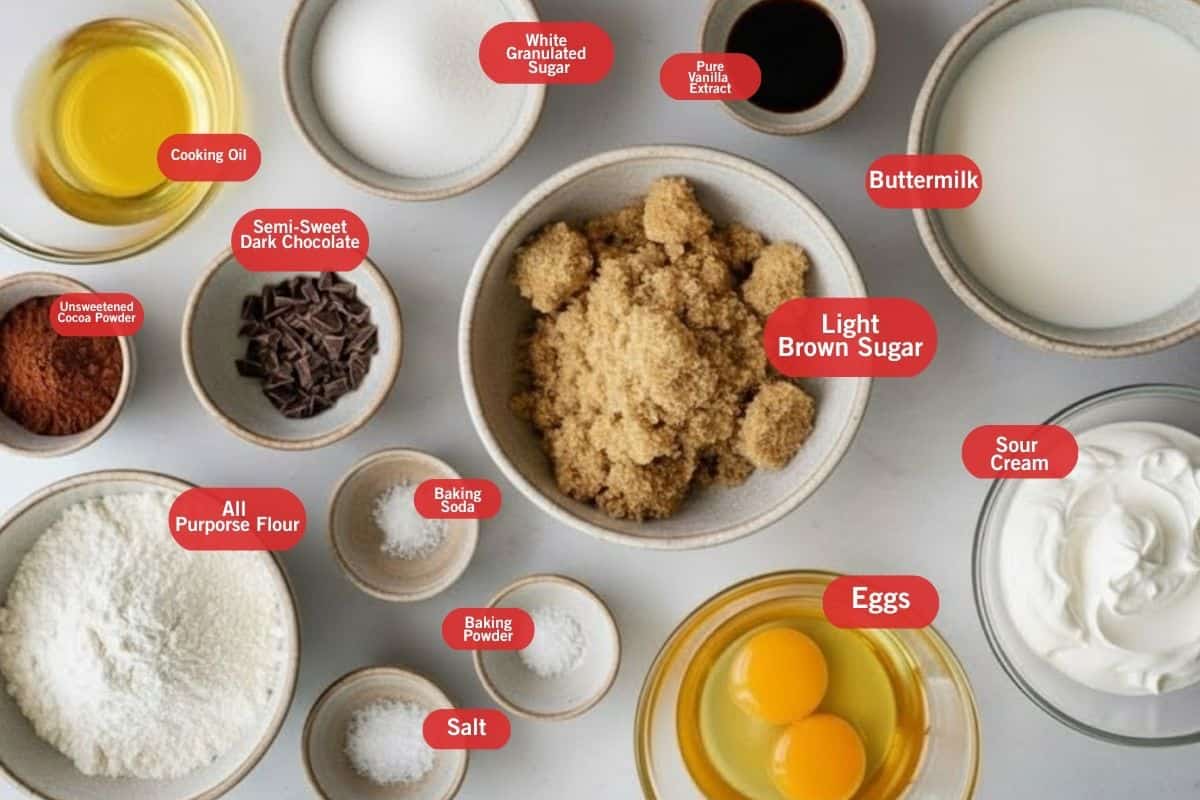Flat lay photo of ingredient shot of cooking oil, white granulated sugar, pure vanilla extract, butter milk, light brown sugar, sour cream, eggs, baking powder and baking soda, salt, all purpose flour, unsweetened cocoa powder