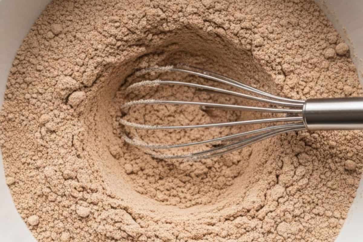 In a bowl, whisk together flour, cocoa powder, white and brown sugar, baking powder and soda, and salt and combine