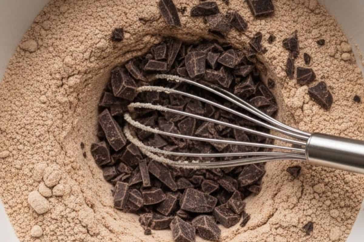 Stir in three-quarters of the chopped chocolate chunks and toss them in the dry mixture.