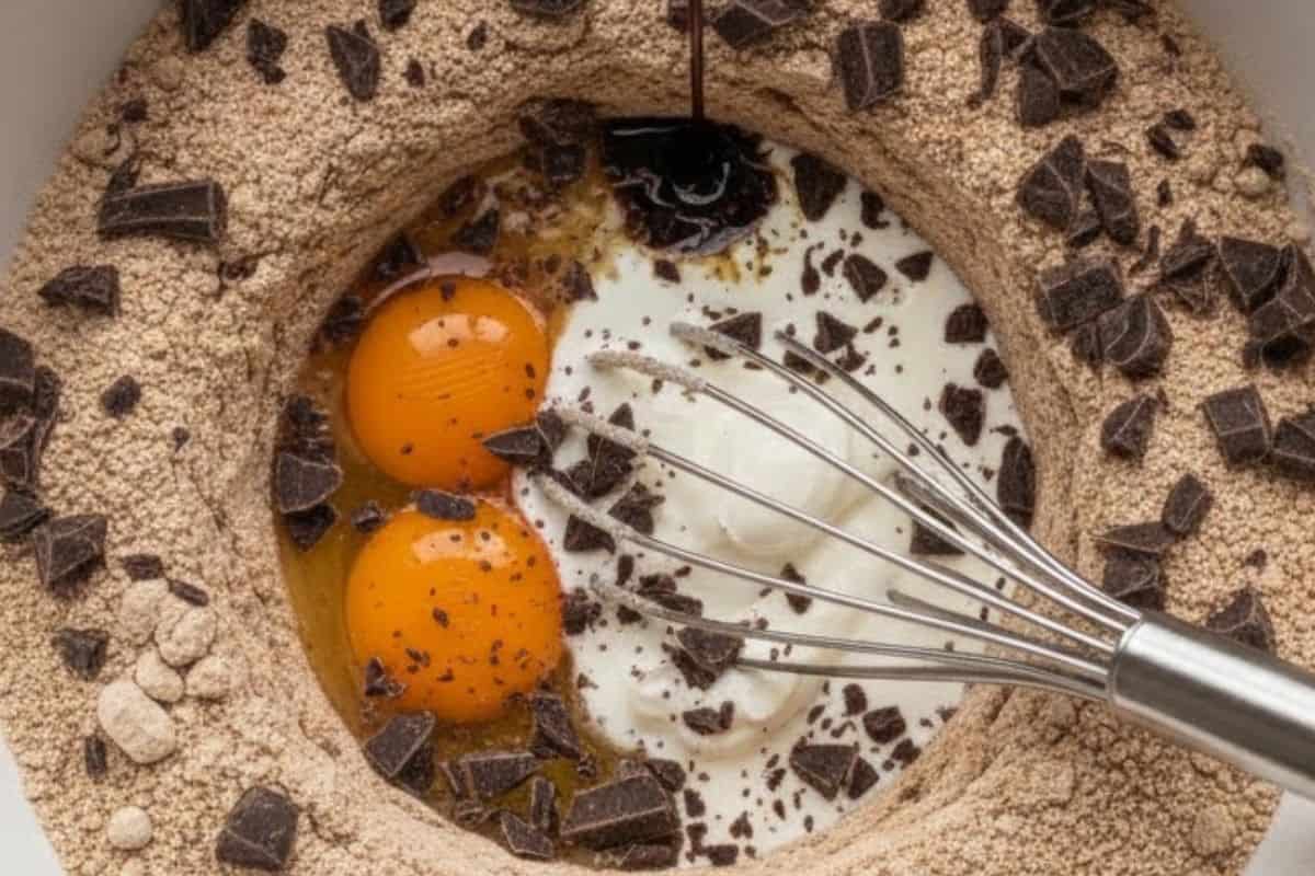 Make a well in the center of the dry mix and add oil, eggs, sour cream, buttermilk, and vanilla.