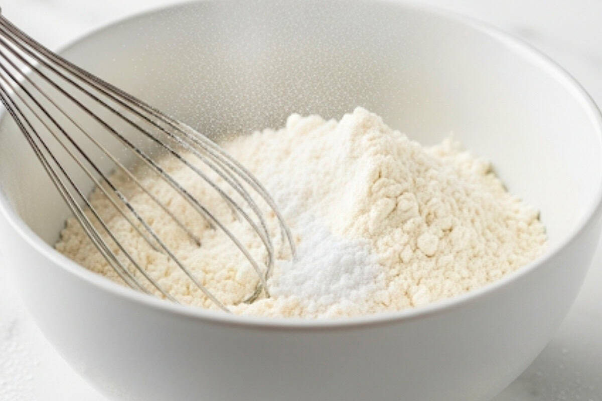 In a bowl whisk flour, baking powder, salt, and garlic.