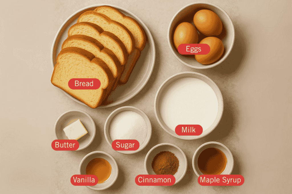 Labeled flatlay image of French toast ingredients arranged in small bowls on a neutral surface. The items include slices of brioche bread, eggs, milk, butter, sugar, vanilla extract, ground cinnamon, and maple syrup, each clearly marked with red text labels.