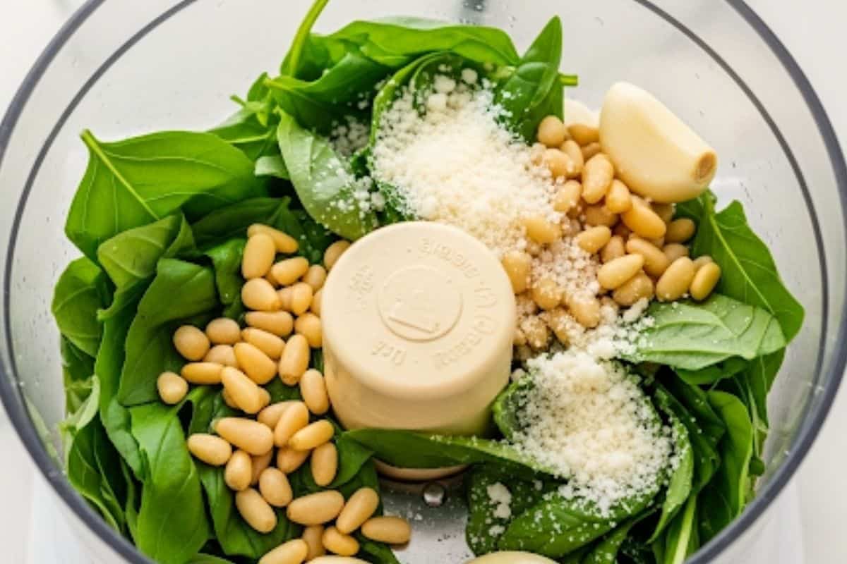 Add the cooled pine nuts, basil, garlic and parmesan cheese to a food processor.