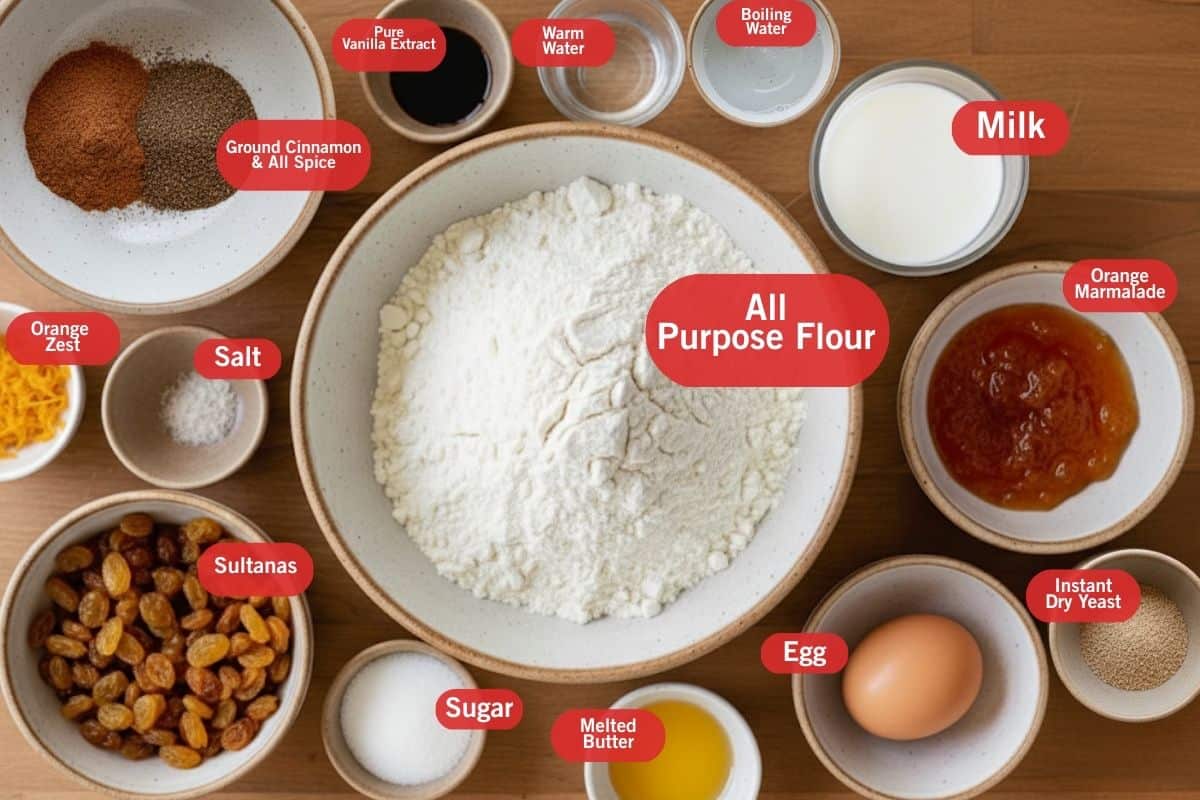 Flat lay photo of ingredient shot of ground cinnamon and all spice, pure vanilla extract, warm water, boiling water, milk, orange marmalade, instant dry yeast, egg, melted butter, sugar, sultanas, orange zest, salt, all purpose flour