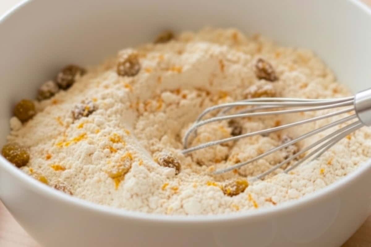 In a large mixing bowl, whisk together flour, remaining sugar, all spice, cinnamon, and salt. Stir in the sultanas and orange zest.
