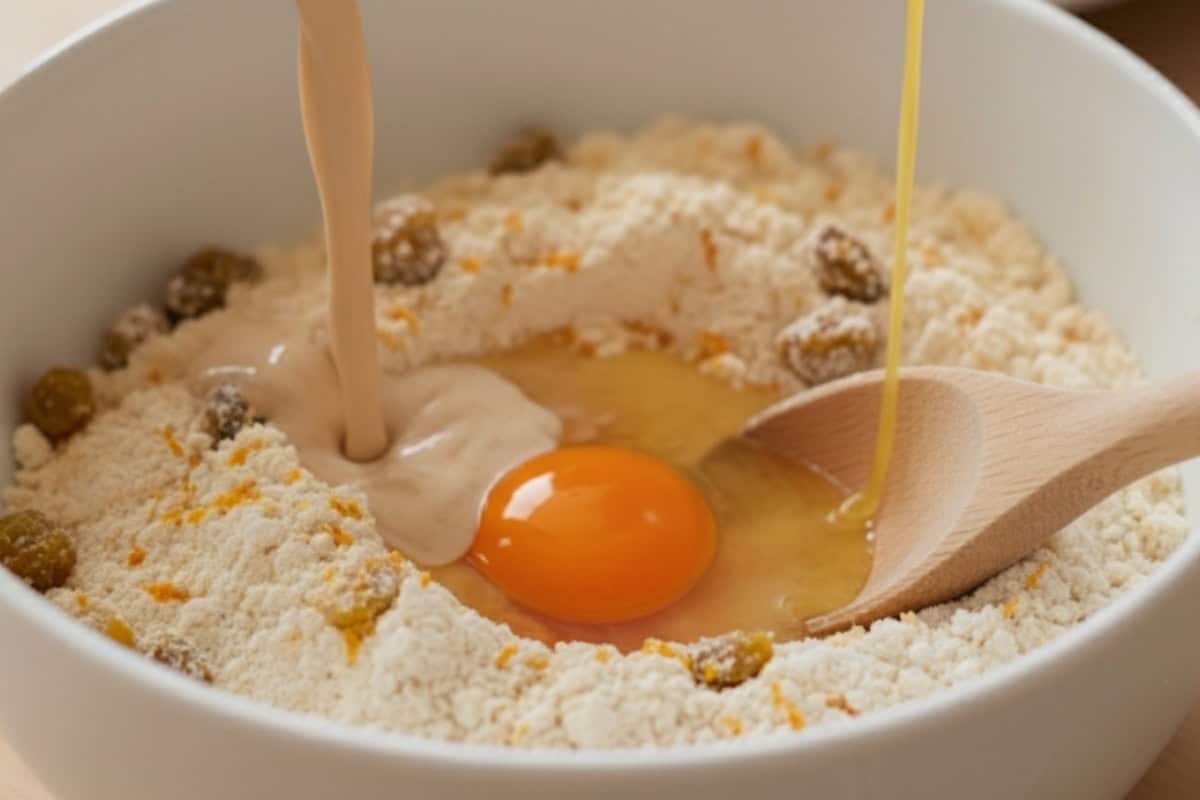Pour in the frothy yeast mixture, cooled melted butter and an egg.