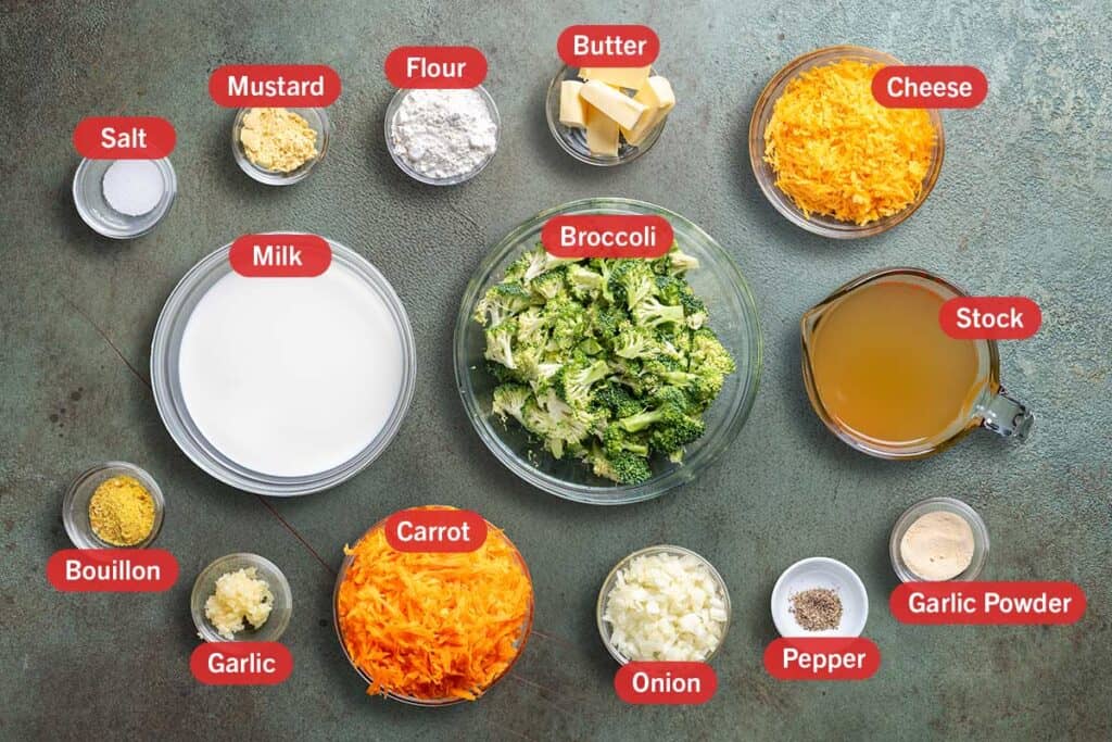 Image of all the ingredients needed for the preparation of this recipe, specifically: milk, broccoli, stock, bouillon, garlic, carrot, onion, pepper, garlic powder, salt, mustard, flour, butter, and cheese.