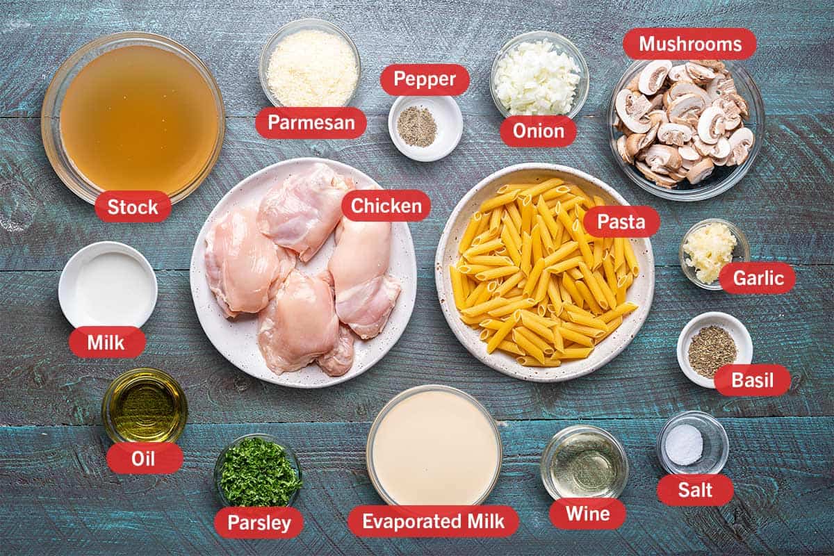 Ingredients from a top down view against a blue board