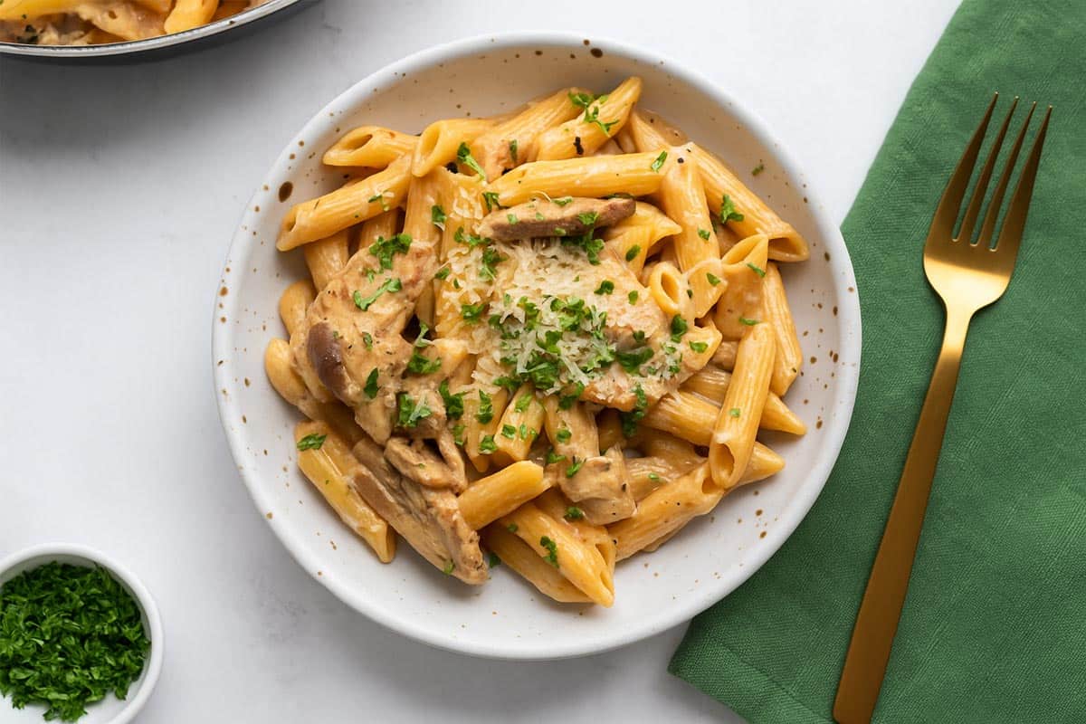 Creamy mushroom chicken pasta with parsley