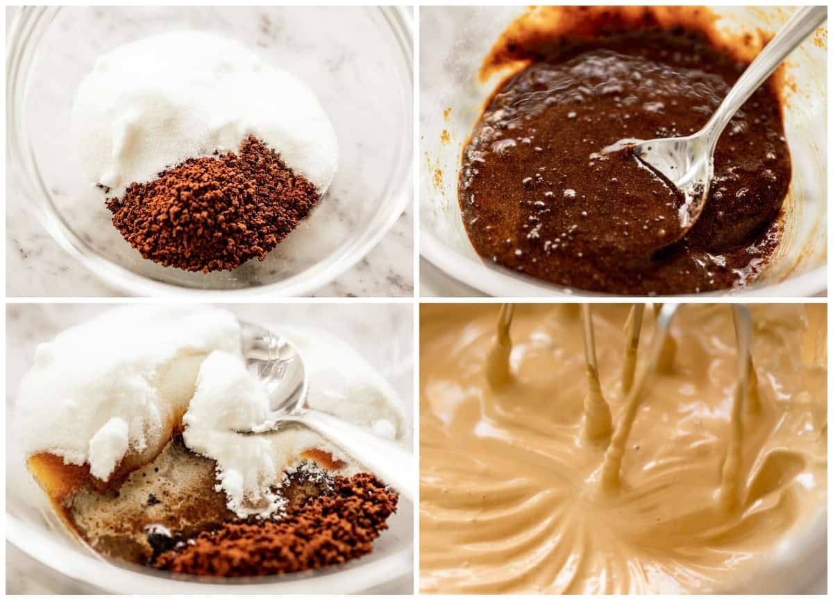 A collage of the dry ingredients in a bowl, the dry ingredients plus water, the ingredients mixed together and the ingredients beaten with a whisk. 