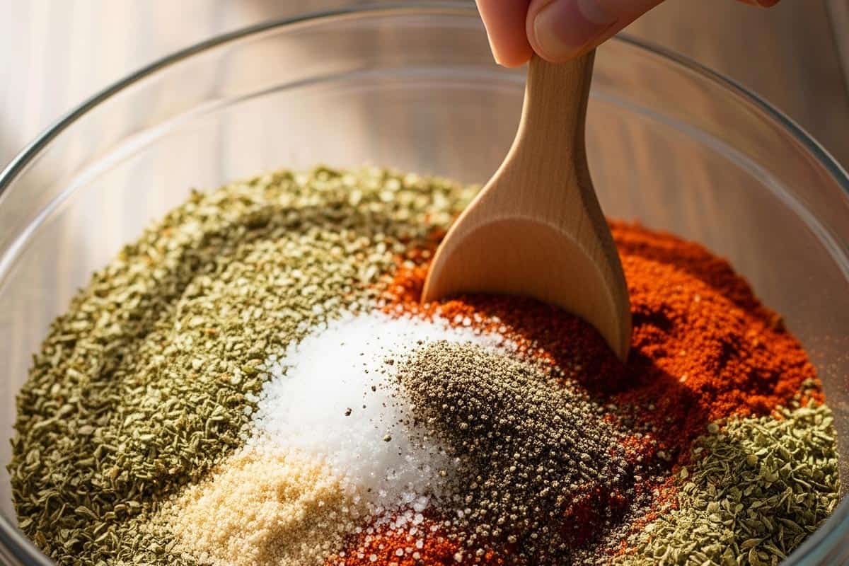 Oregano, basil, garlic powder, onion salt, paprika, a good pinch of salt, and cracked black pepper in a bowl.