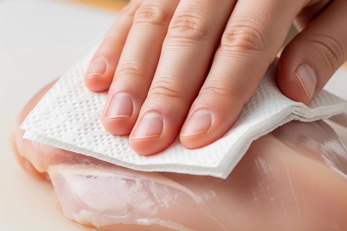 Patting the chicken dry with paper towels.