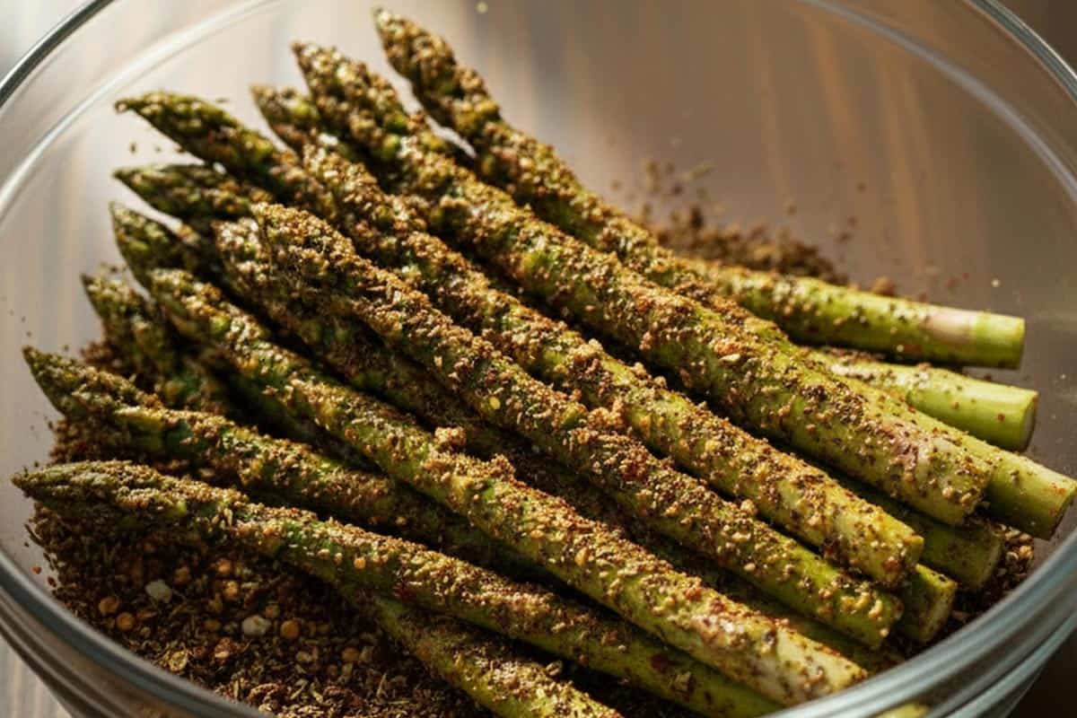 Asparagus coated with seasoning in a bowl.