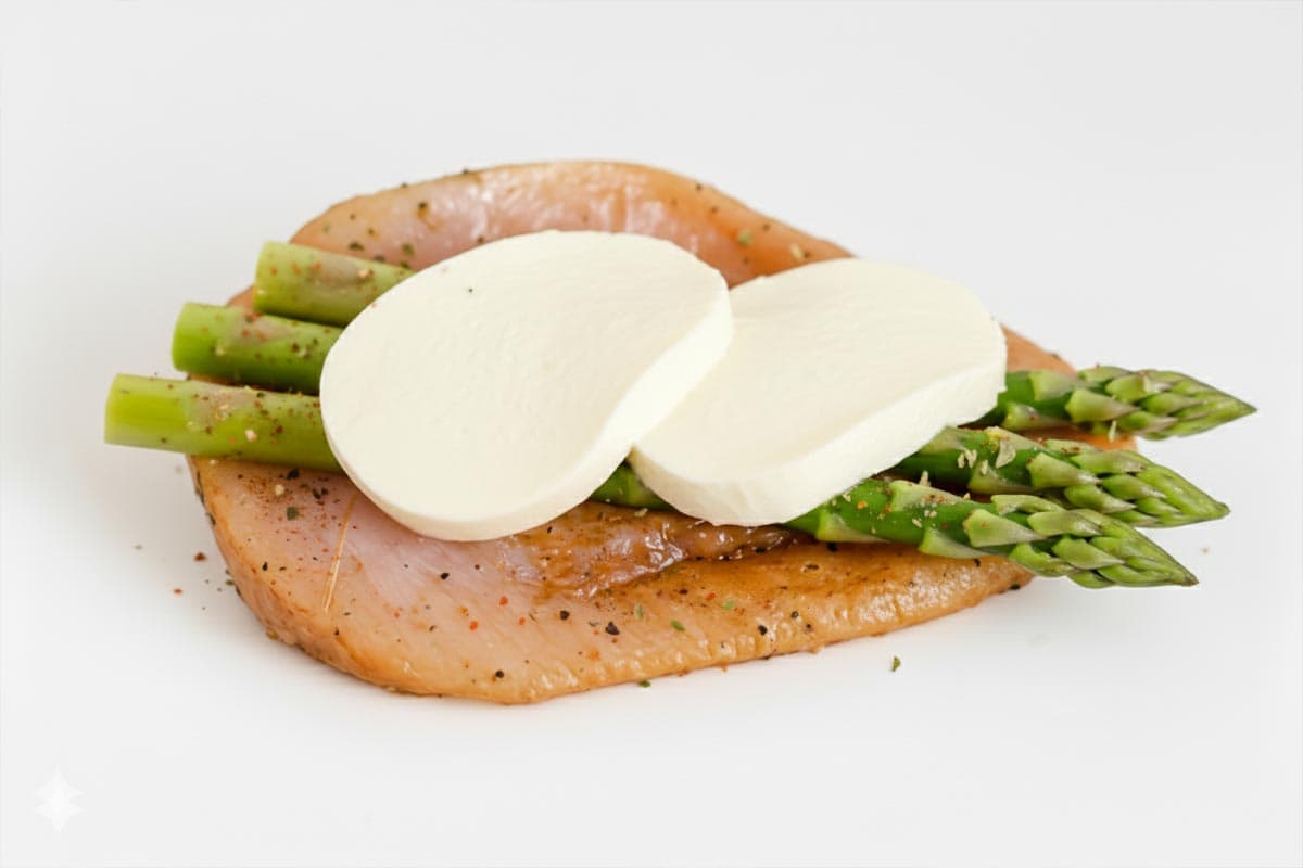 Chicken breast with asparagus and mozzarella cheese.