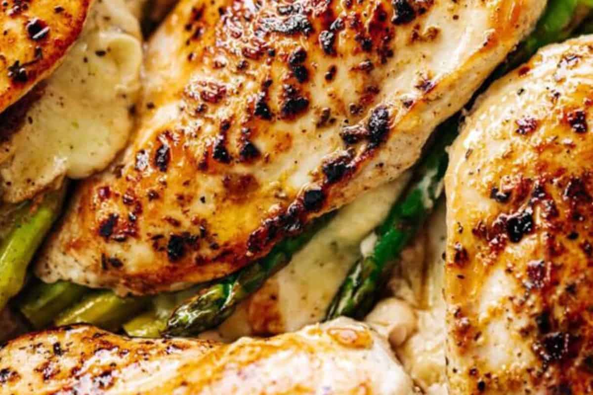 Close-up shot of Asparagus Stuffed Chicken Breasts.